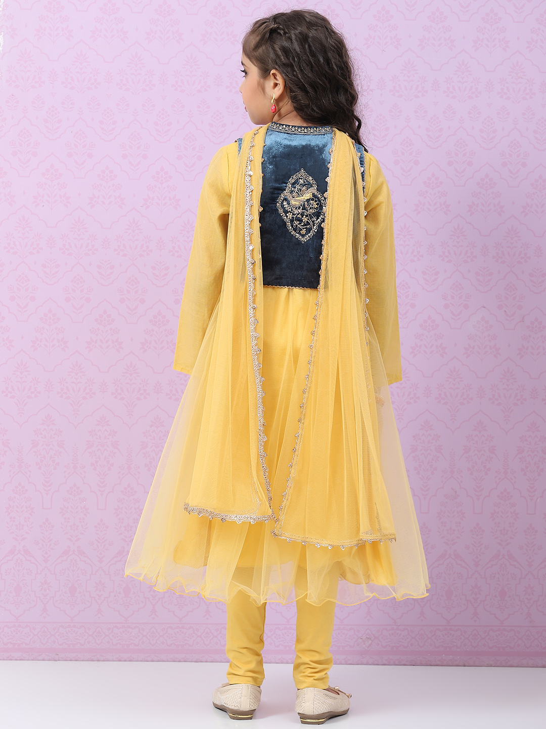 Mustard Yellow Art Silk Anarkali with Jacket Kurta Churidar Suit Set image number 5