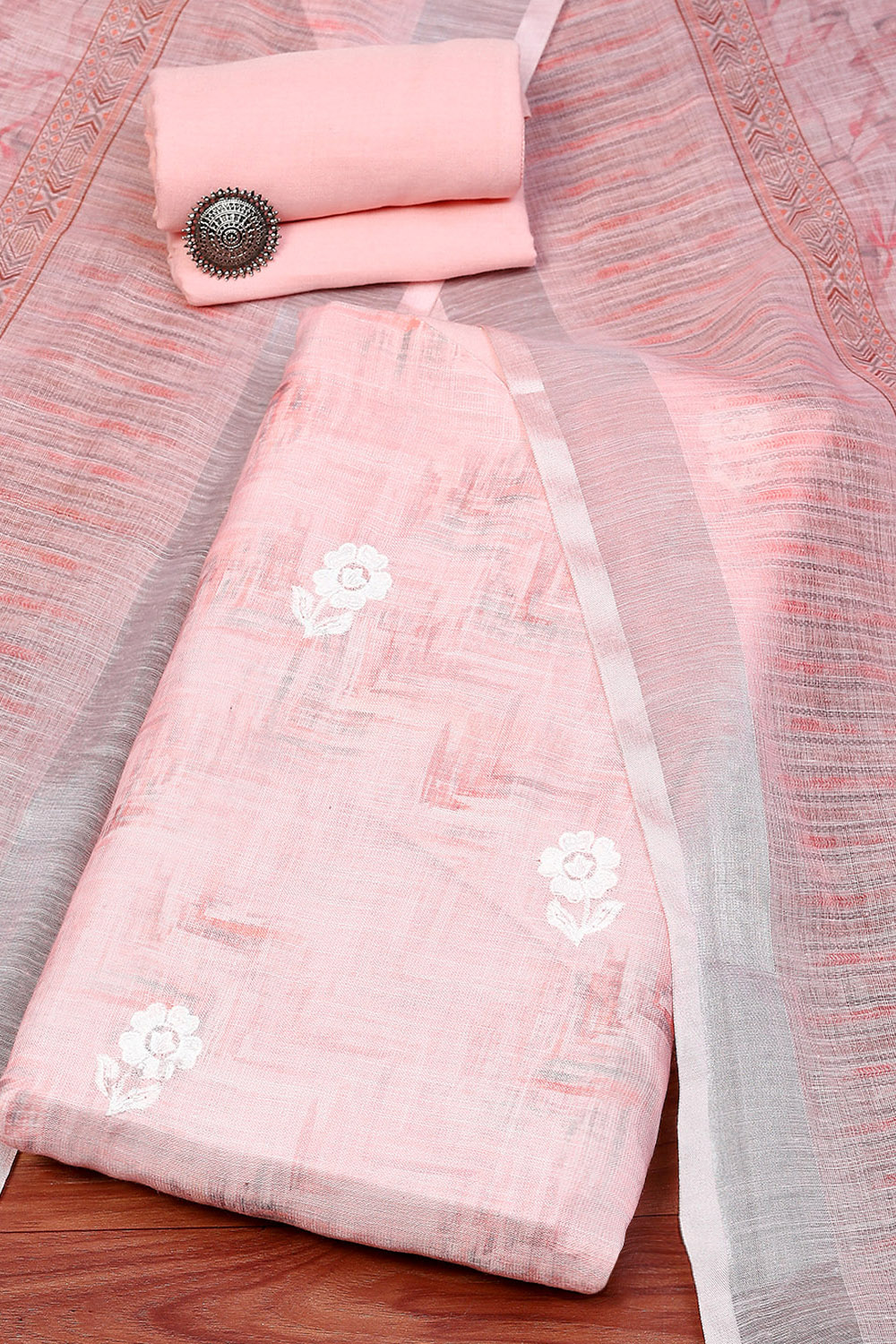 Pink Linen Unstitched Suit Set image number 0