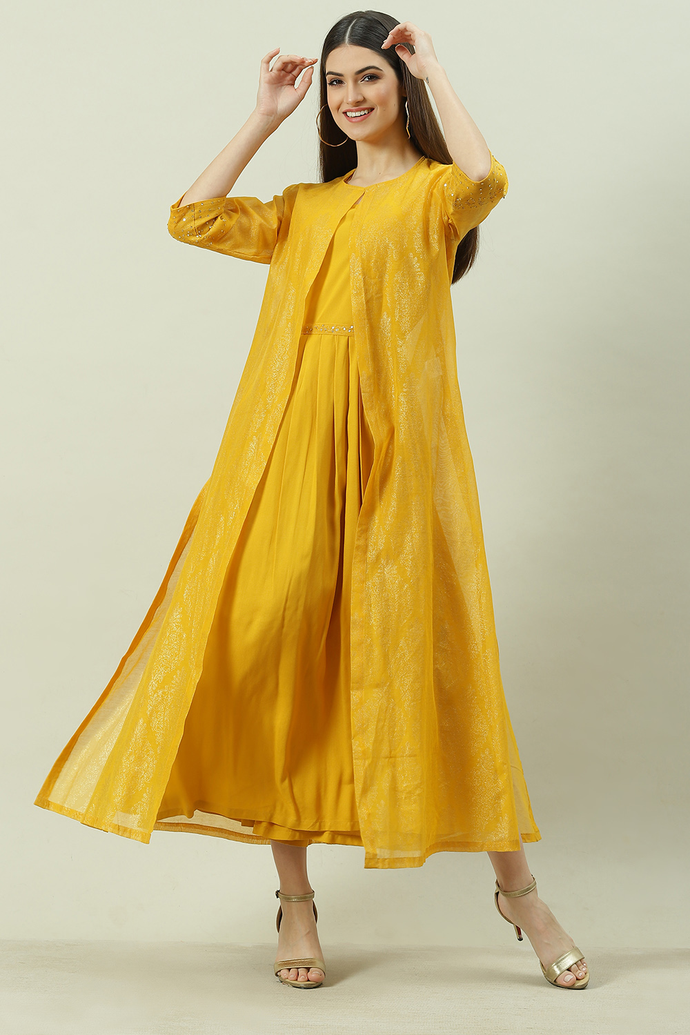 Mustard Art Silk Flared with Cape Dress image number 0