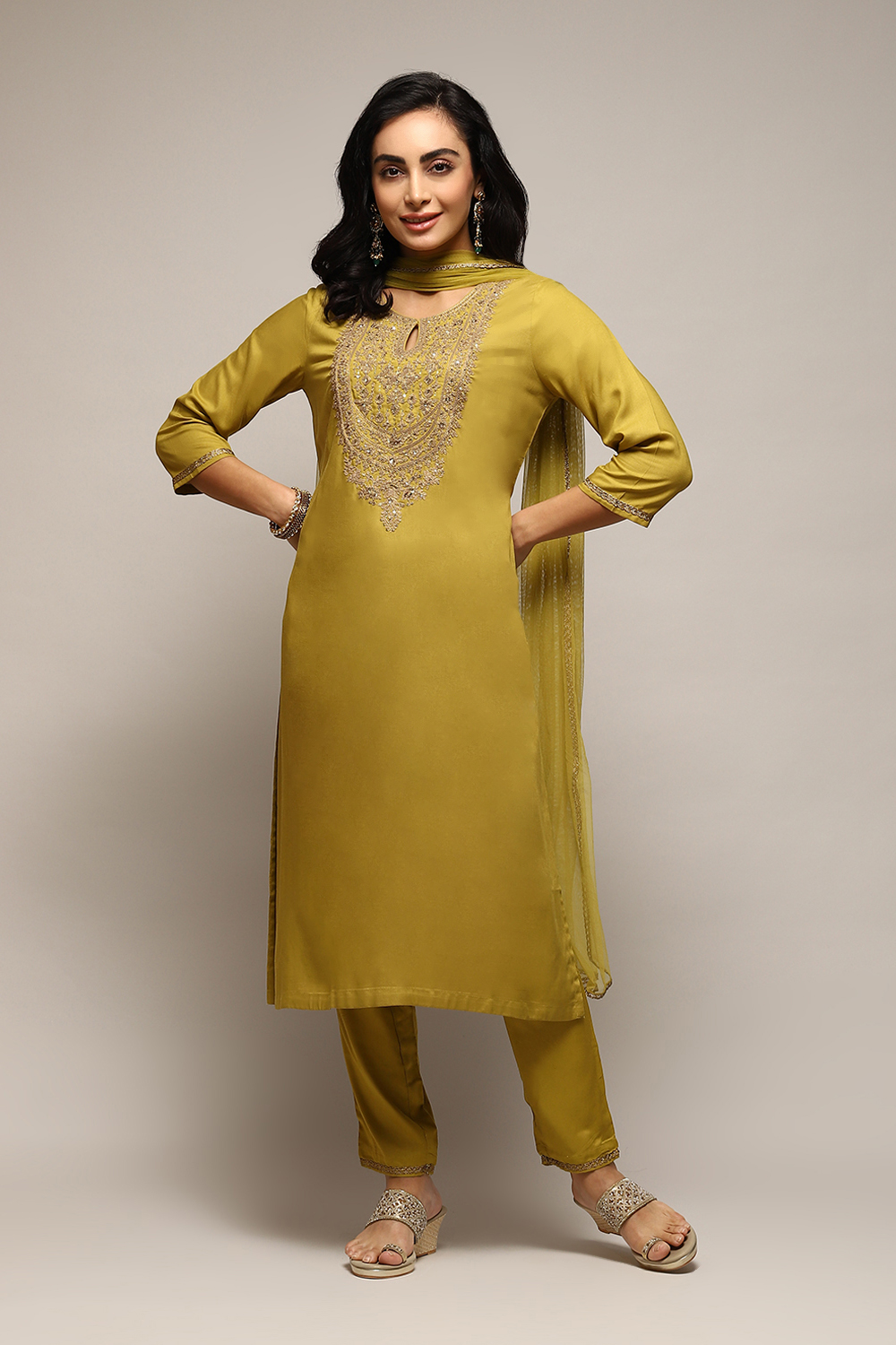 Green Rayon Straight Embroidered Kurta Pant Suit Set image number 7