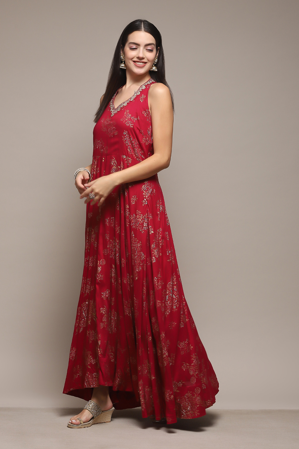 Cherry Red LIVA Flared Printed Dress image number 2
