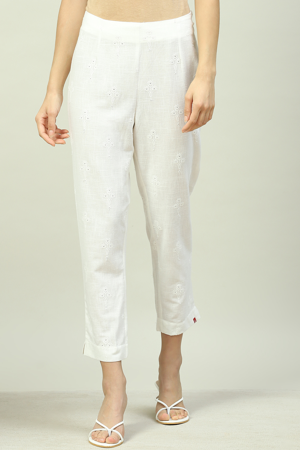 Off White Cotton Embroidered Pants image number 0