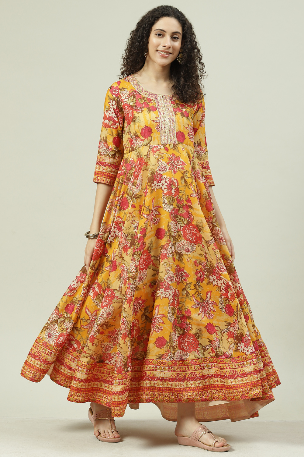 Mustard Poly Cotton Flared Fusion Printed Dress image number 3