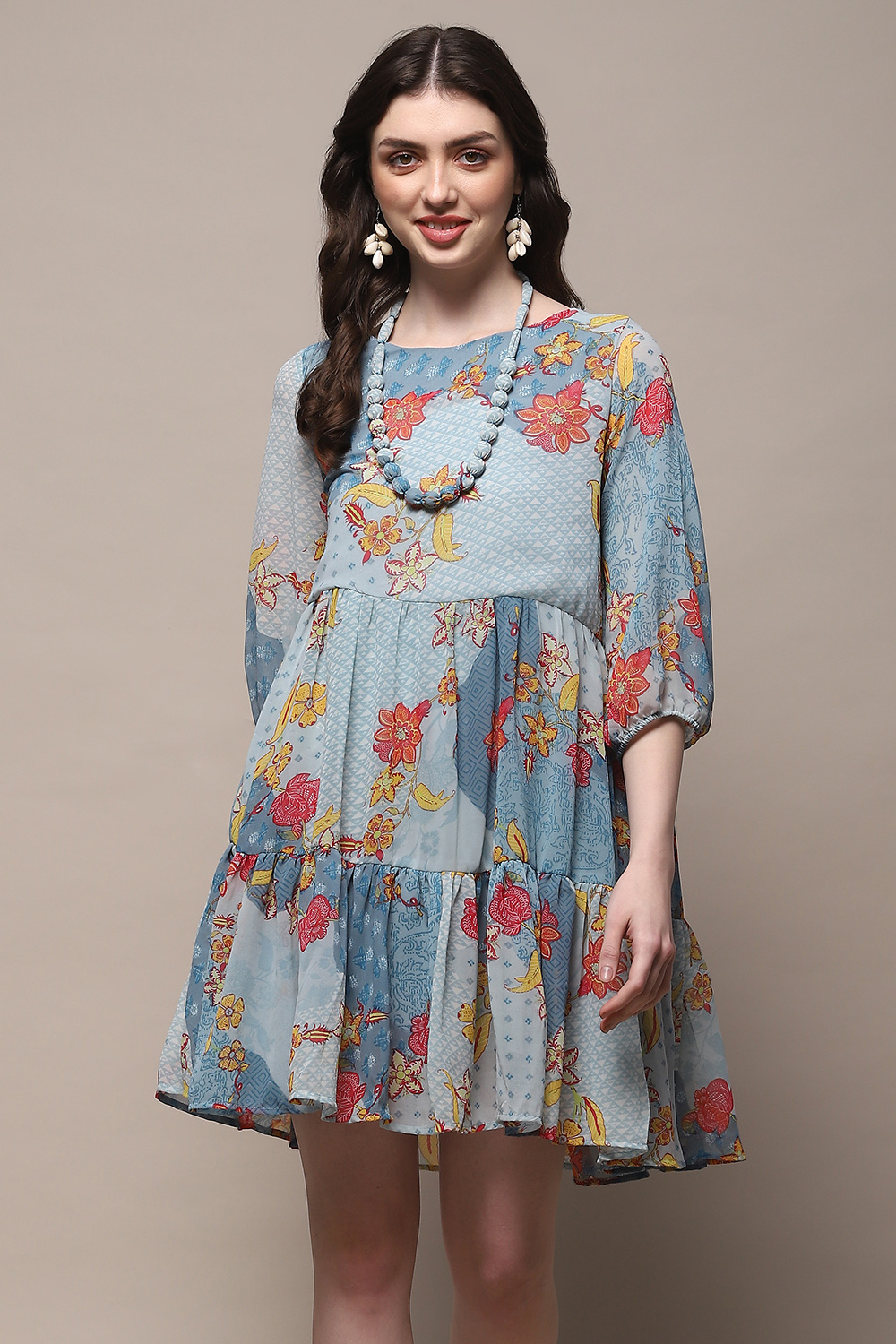 Blue Polyester Tiered Dress image number 5