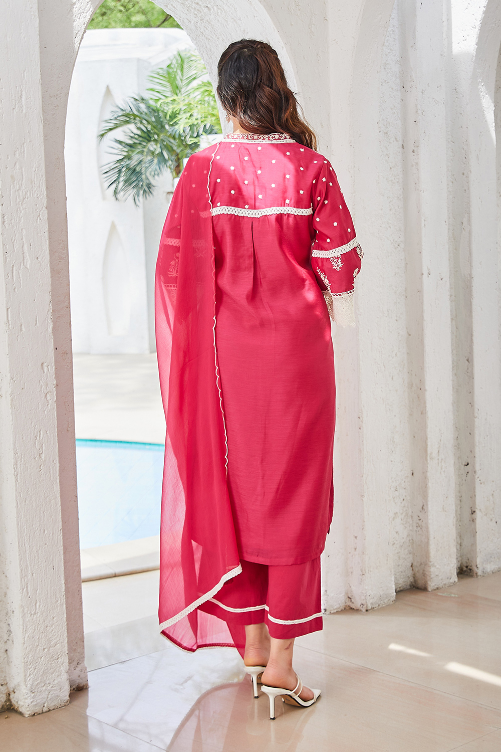 Fuschia Polyester Straight Suit Set image number 4
