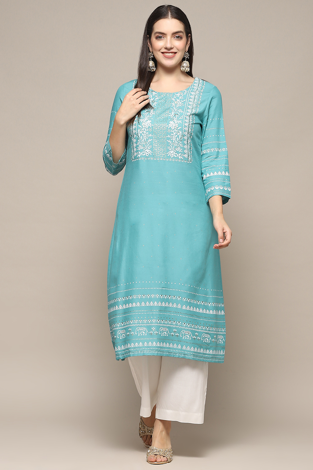 Turquoise Rayon flax Relaxed Kurta Palazzo Suit Set image number 6