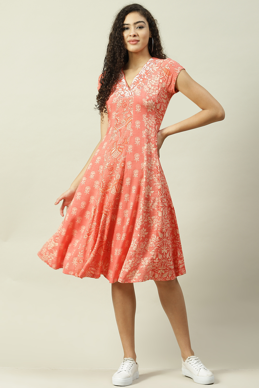 Coral Art Silk A-Line Fusion Printed Dress image number 0