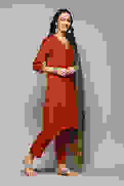 Burnt Orange LIVA Asymmetric Kurta Slim Pant Suit Set image number 6