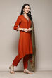 Burnt Orange LIVA Asymmetric Kurta Slim Pant Suit Set image number 6