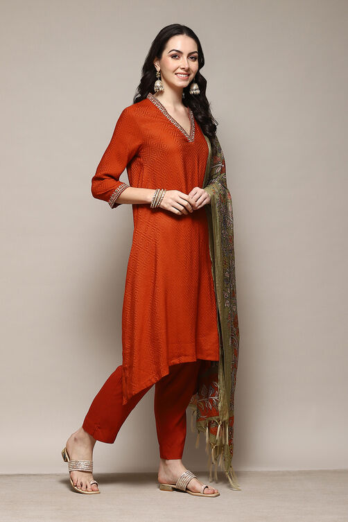 Burnt Orange LIVA Asymmetric Kurta Slim Pant Suit Set image number 6