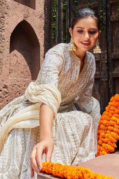 Ivory Cotton Anarkali Kurta Sharara Suit Set image number 0