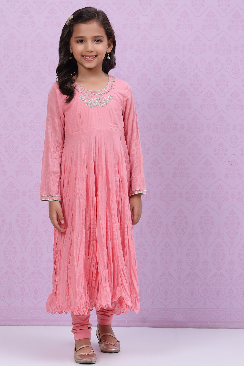 Onion Pink Cotton Anarkali Kurta Churidar Suit Set image number 1