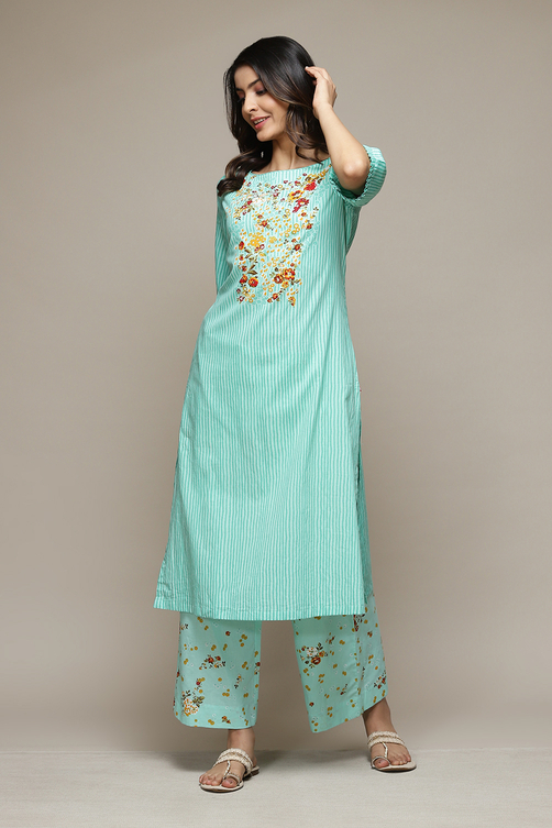 Yellow Cotton Straight Kurta Palazzo Suit Set image number 0
