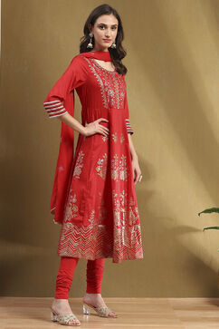Red Floral Printed Festive Anarkali Suit Set image number 5