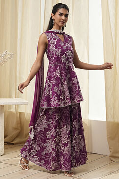Berry Purple Cotton Floral Peplum Suit Set image number 5
