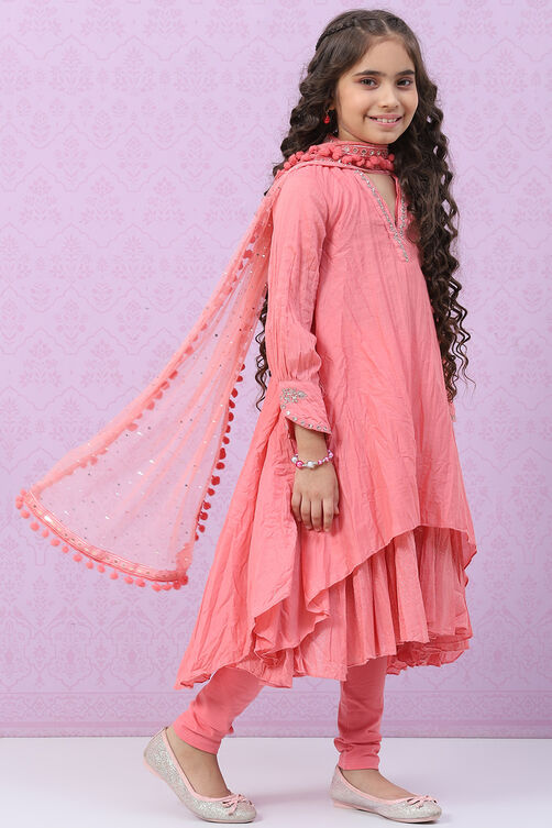 Coral Cotton Flared Kurta Churidar Suit Set image number 6