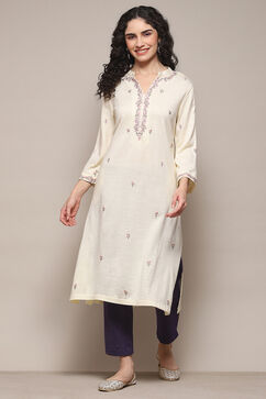 Cream Daffodil Straight Yarndyed Kurta image number 0