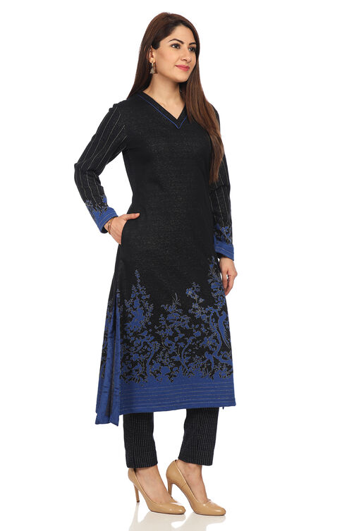 Black Poly Metallic Cotton Straight Printed Kurta image number 2