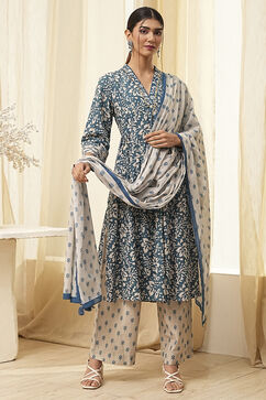 Indigo Cotton Printed Gathered Suit Set image number 6