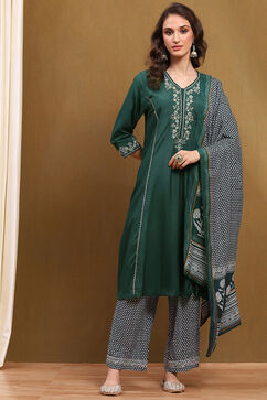 Green Modal Embroidered Festive Kalidar Suit Set image number 6