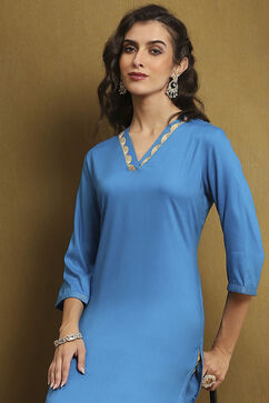 Electric Blue Solid Straight Kurta image number 6