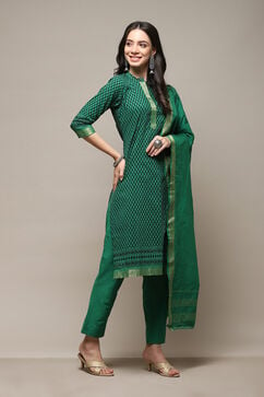 Green Cotton Handloom Unstitched Suit Set image number 7