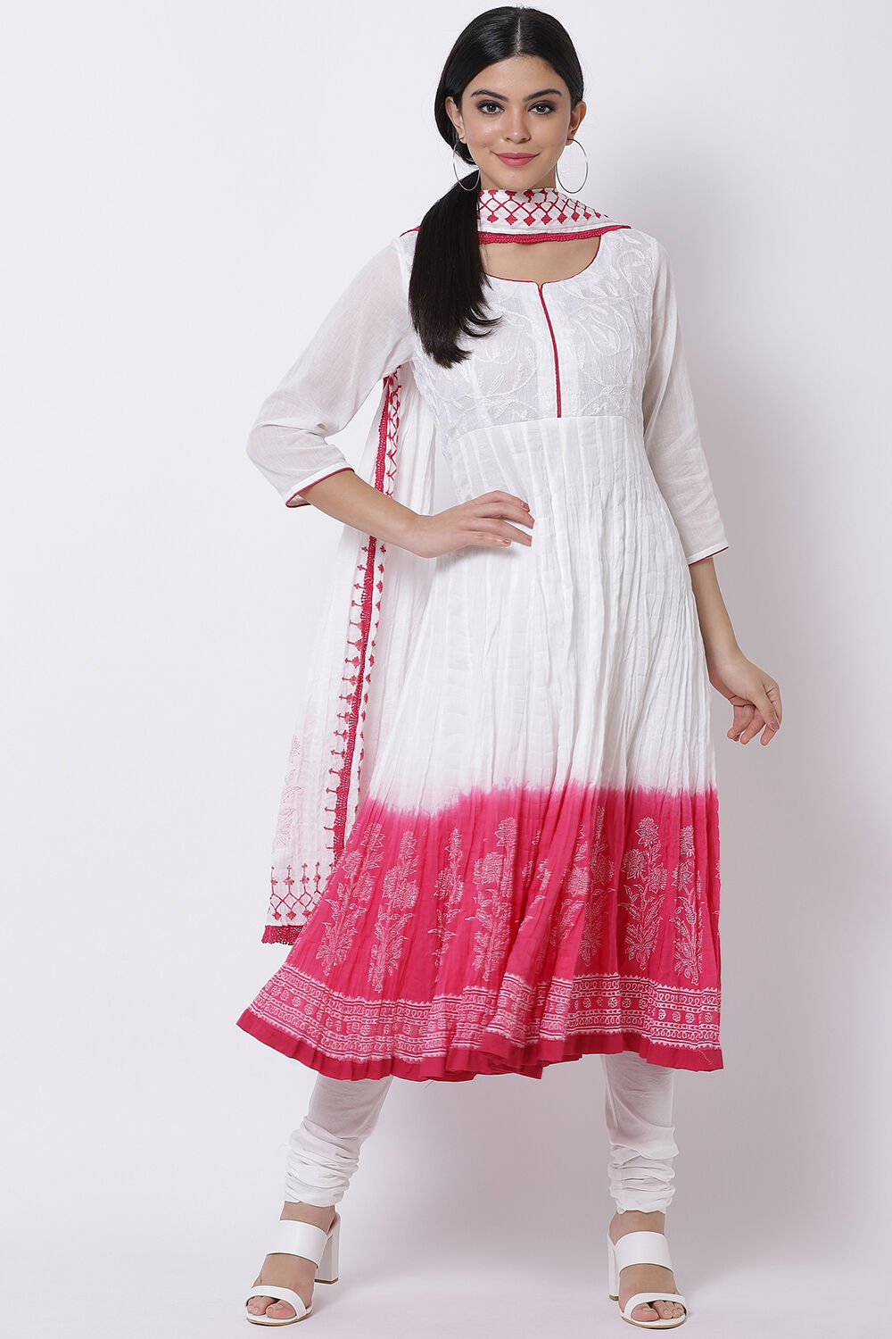 White And Blue Cotton Anarkali Kurta Churidar Suit Set image number 4