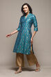 Teal Poly Viscose Straight Printed Kurta