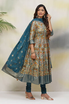 Teal Cotton Anarkali Kurta Churidar Suit Set image number 6