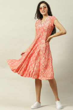 Coral Art Silk A-Line Fusion Printed Dress image number 5