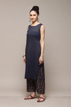 Navy Poly Cotton Layered Kurta Palazzo Suit Set image number 5