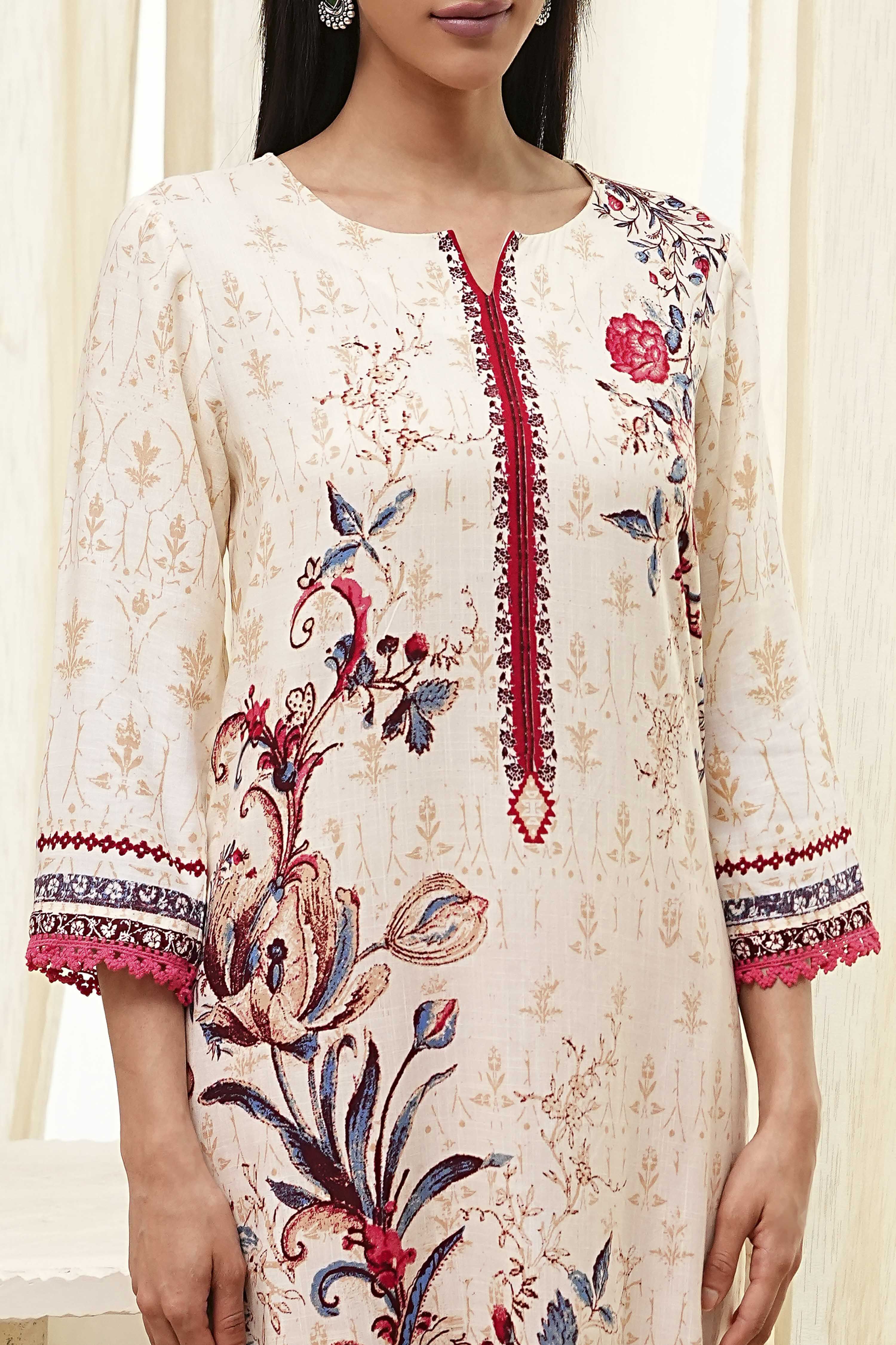 Ecru Floral Printed Straight Kurta image number 1