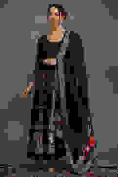 Rohit Bal Navy Blue Silk Chanderi Floral Anarkali Suit Set image number 5