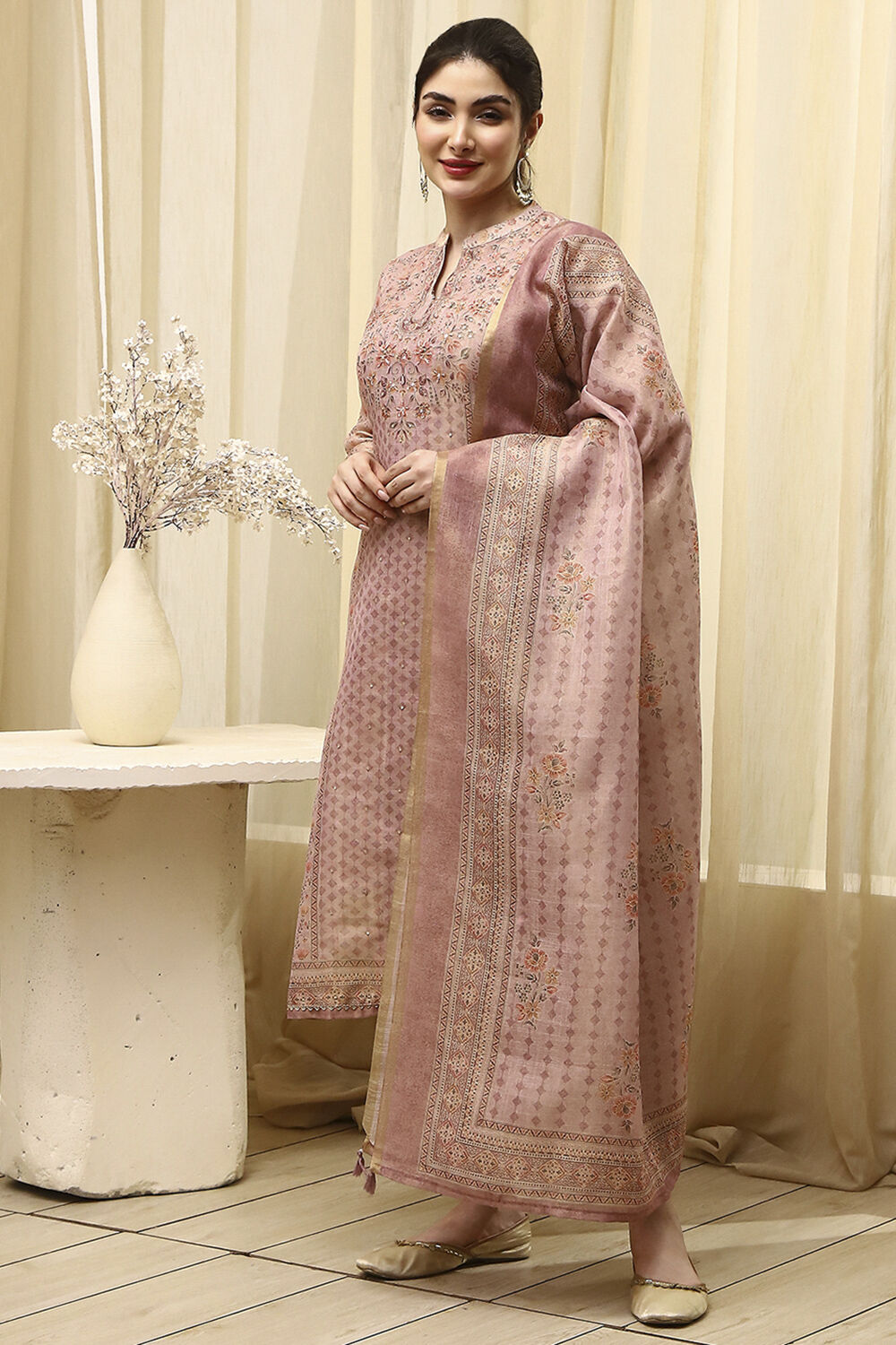 Lavender Chanderi Printed Unstitched Suit Set image number 4