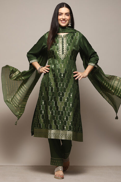 Green Viscose Yarndyed Kurta Regular Pants Suit Set image number 0