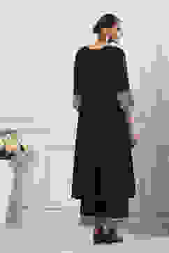 Black Dyed Solid Gathered Straight Suit Set image number 3