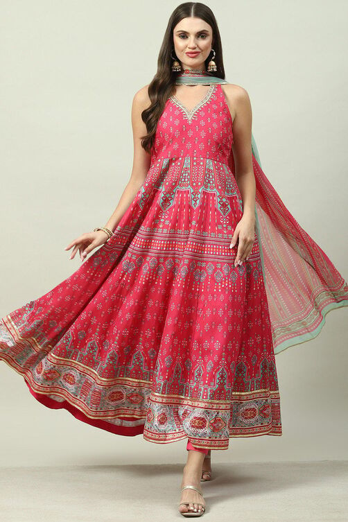 Fuschia Cotton Blend Flared Printed Kurta Suit Set image number 0