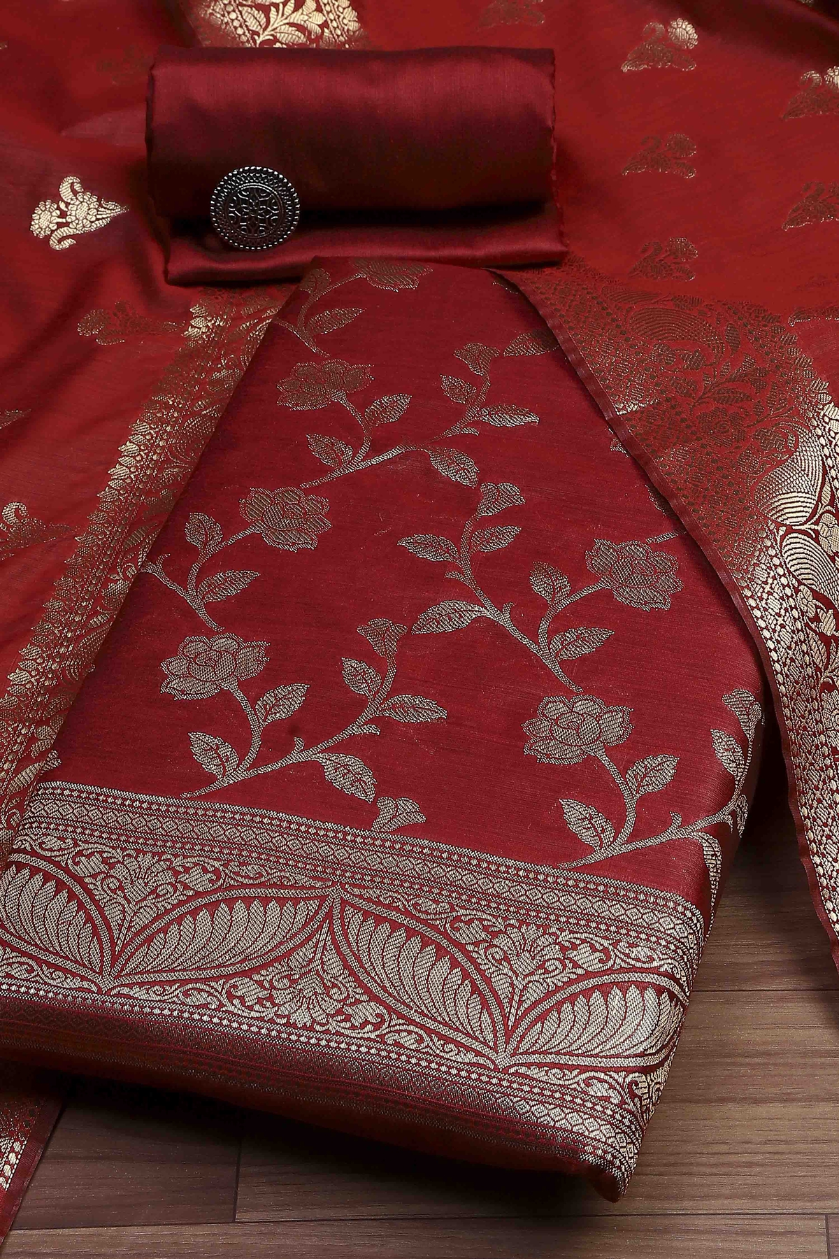 Maroon Cotton Printed Embroidered Unstitched Suit Set