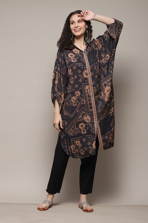 Black Printed High-Low Relaxed Fit Kurta image number 0