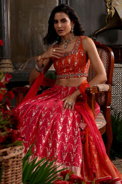 Pink and Orange Chanderi Jacquard Lehenga Set image number 6