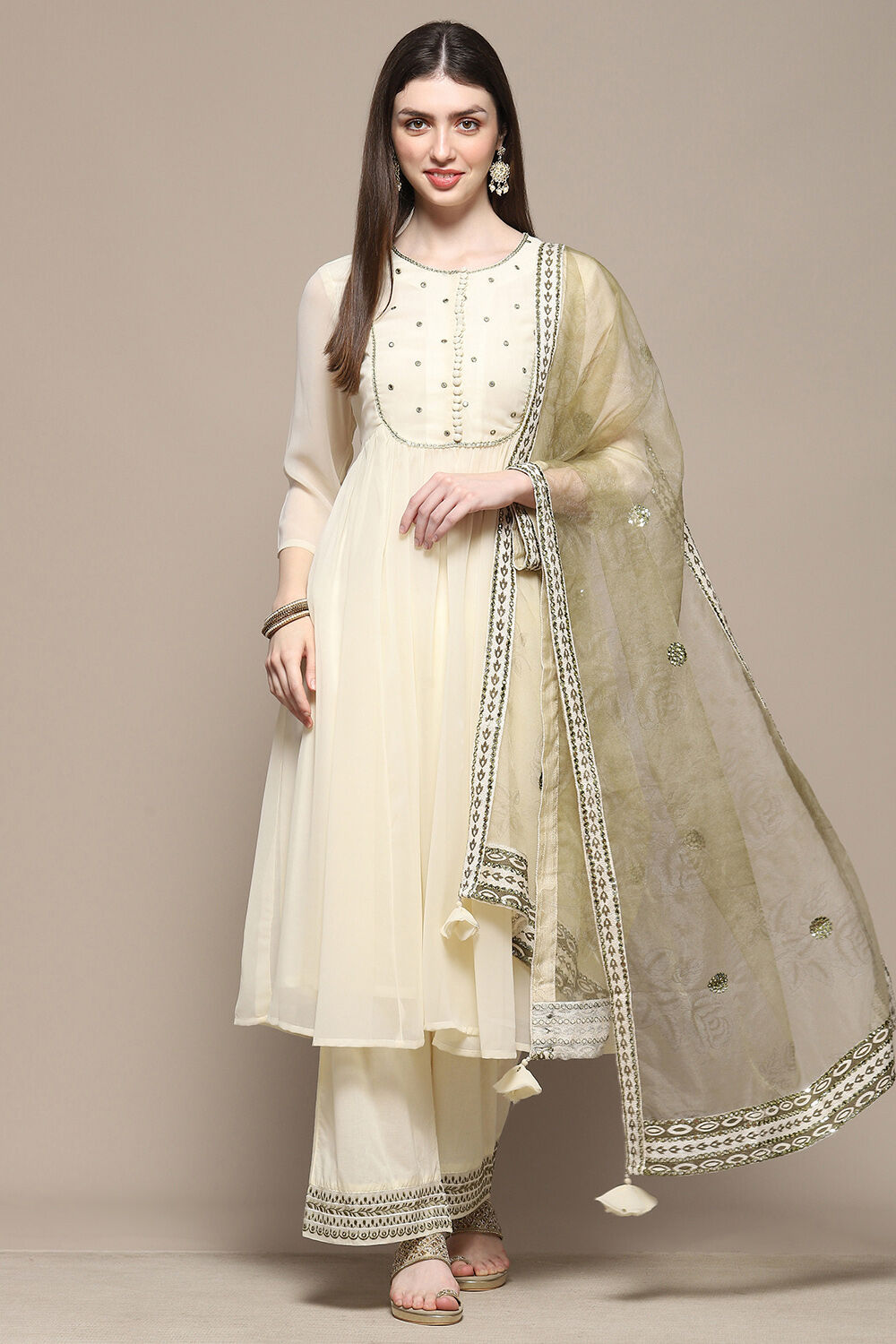 Off White Polyester Blend Straight Suit Set at Biba India