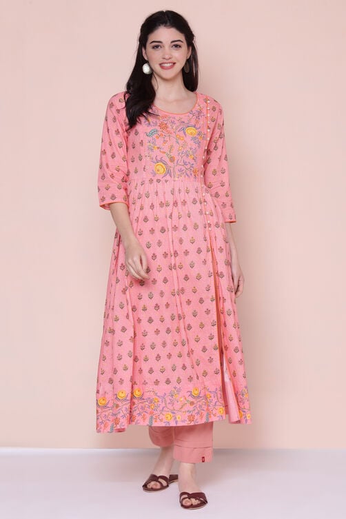 Pink Cotton High Slit Printed Kurta image number 4