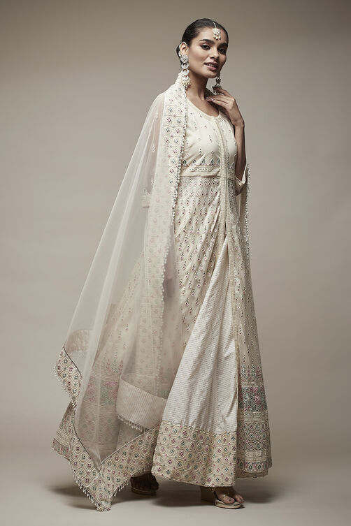 Off White Nylon Anarkali Lehenga Set image number 4