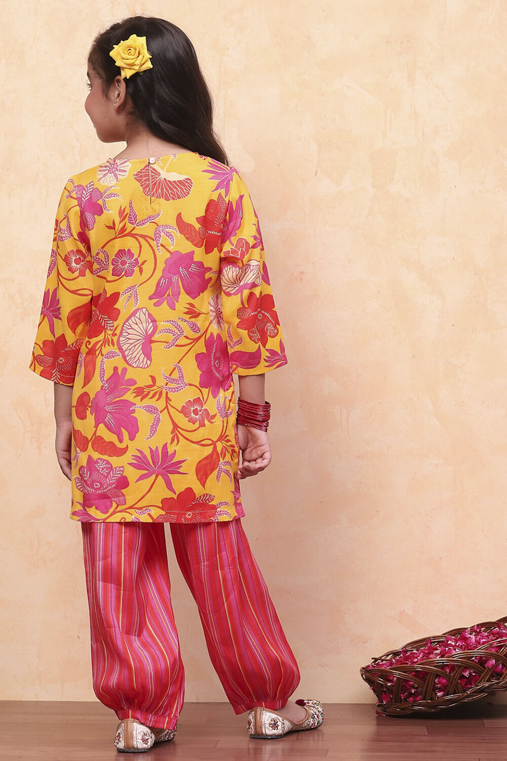 Yellow and Pink Viscose Blend Floral Straight Suit Set image number 4