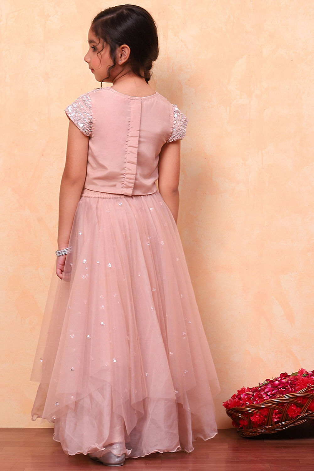 Peach-Toned Poly Chanderi Embellished Straight Lehenga Set image number 3