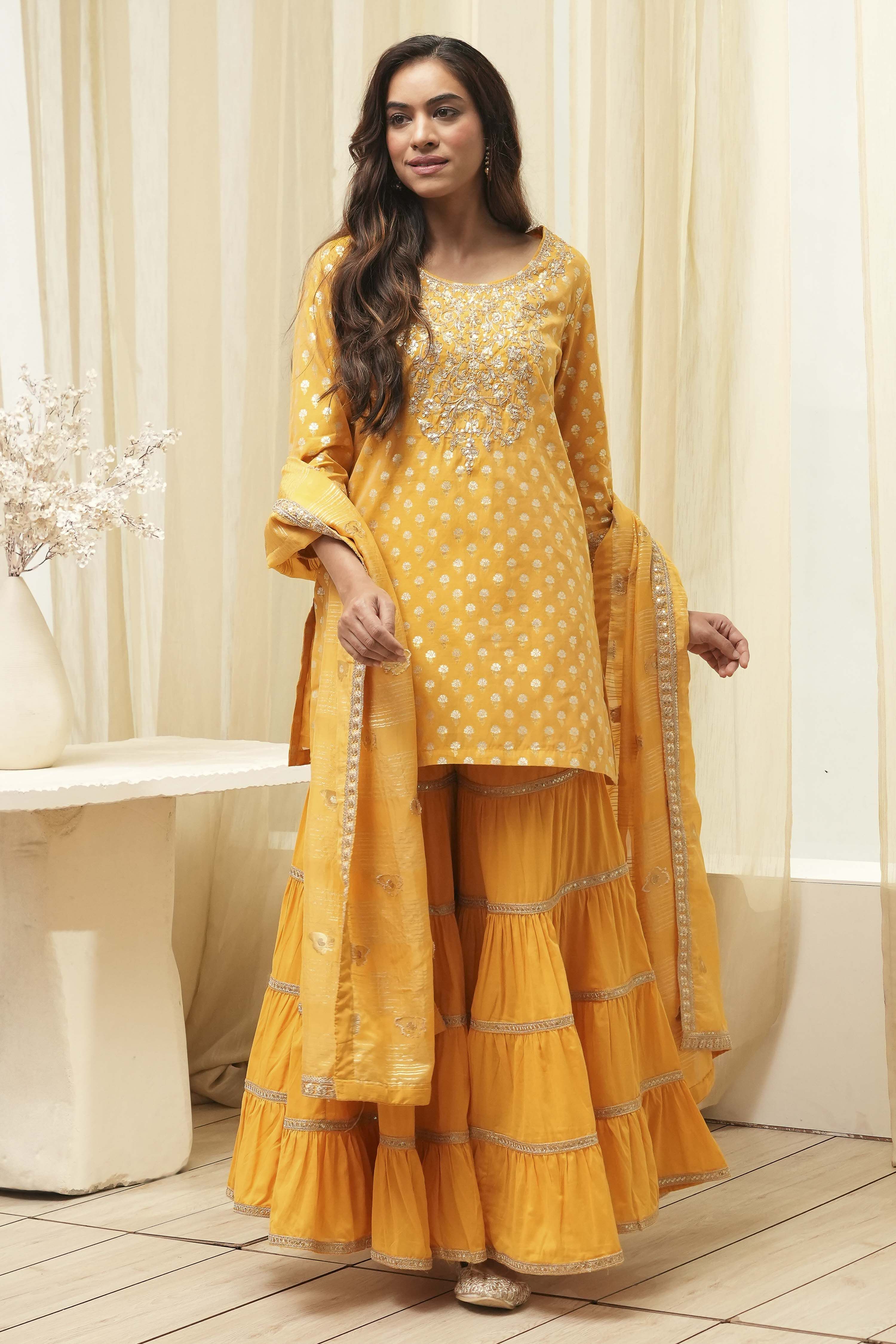 Ochre Yellow Embroidered Straight Suit Set image number 6