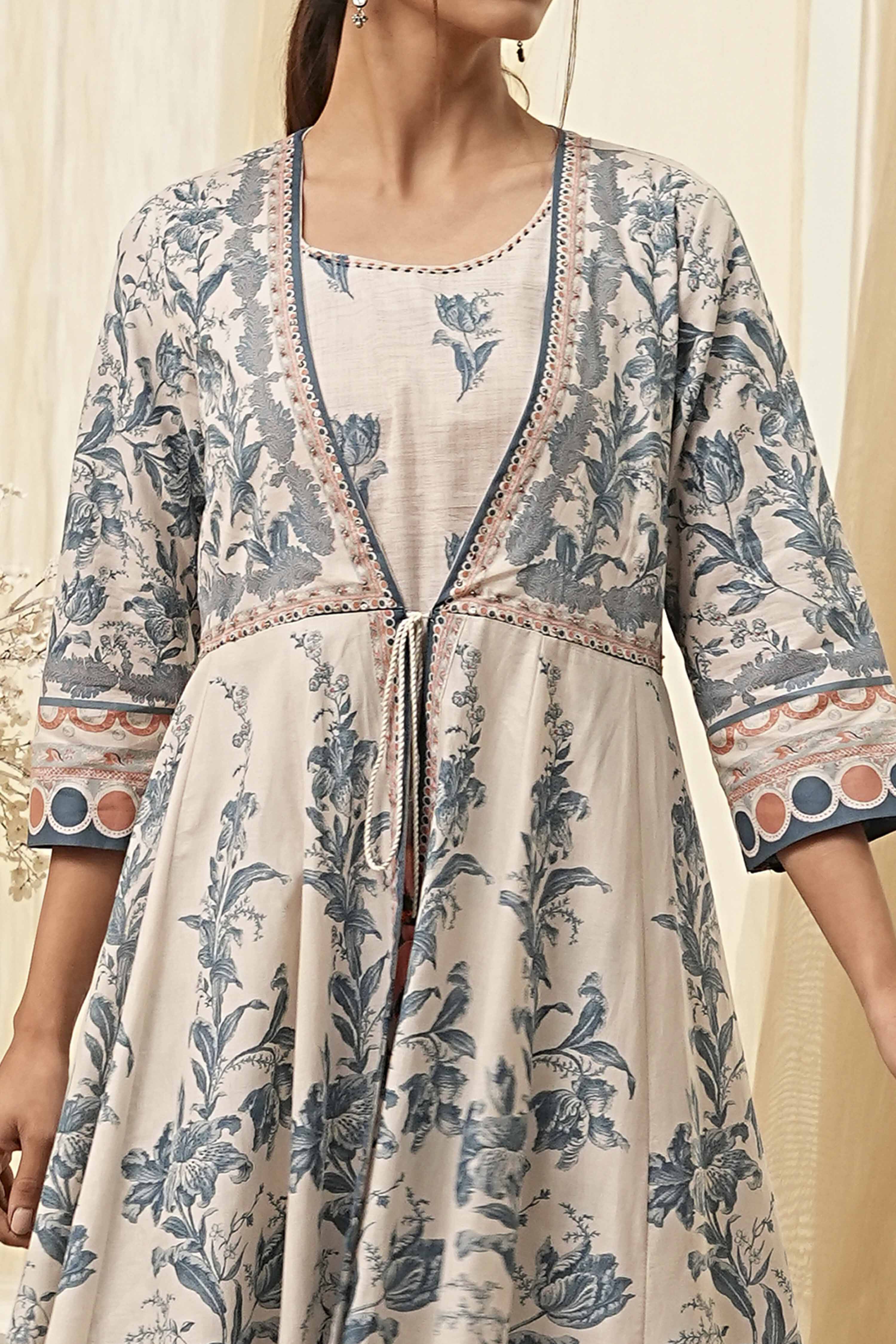 Beige and Blue Printed Front Open Kurta Set image number 1