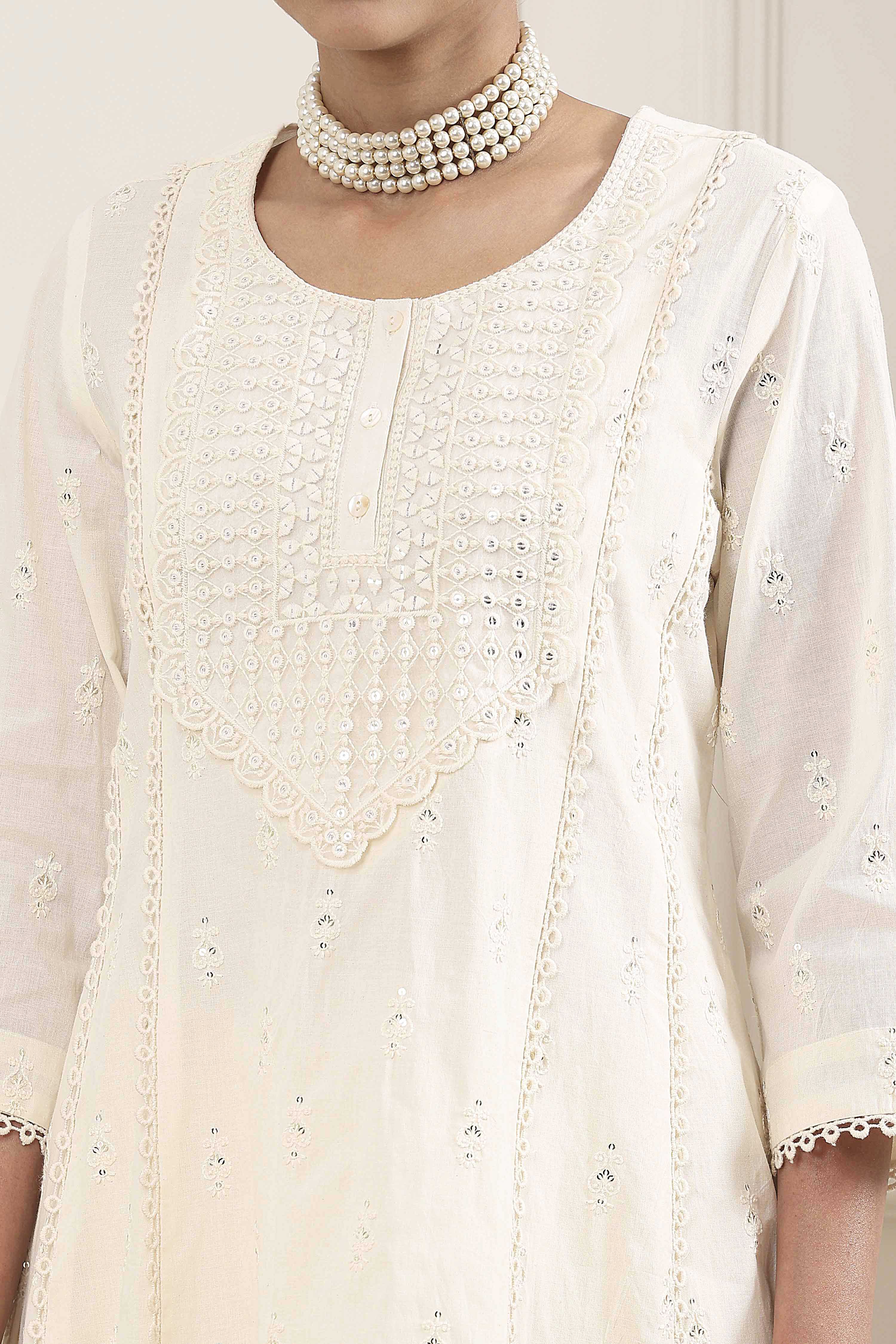 Ecru Cotton Embroidered Kalidar Suit Set image number 1