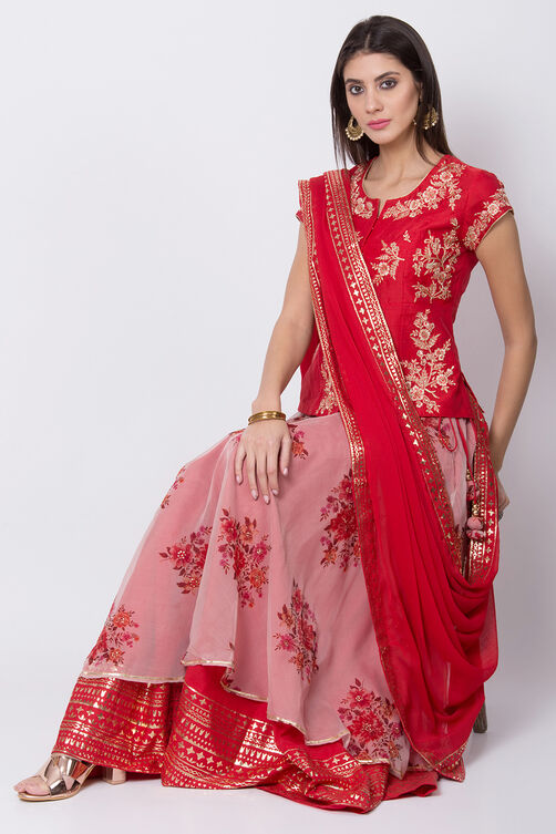 Maroon Cotton Floral Lehenga Set image number 0