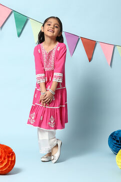 Fuschia Cotton Tiered Kurta Straight Palazzo 2 Piece Set image number 0